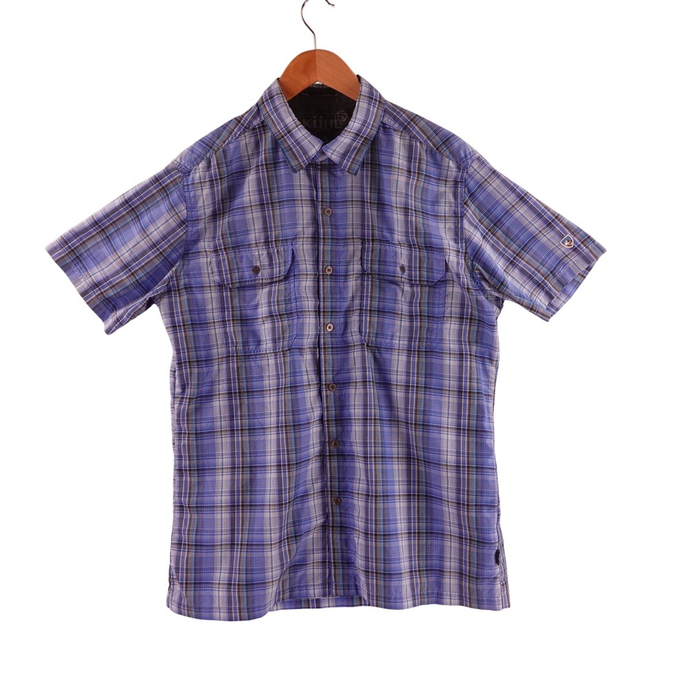 Kuhl Eluxor Mens Blue Plaid Short Sleeve Button Down Shirt Medium Hiking Camp